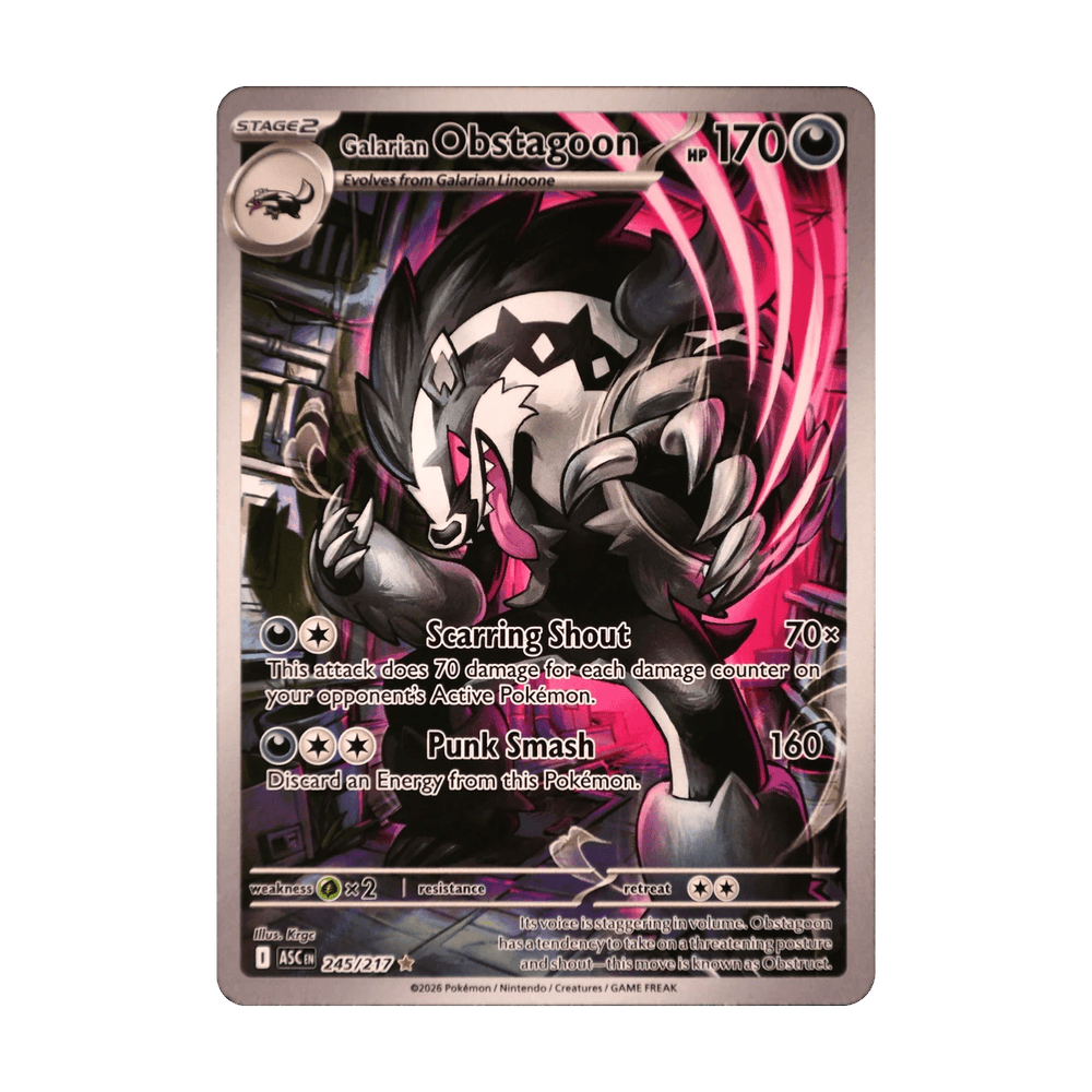 Galarian Obstagoon 245/217 de Pokémon Ascended Heroes, cara de la carta