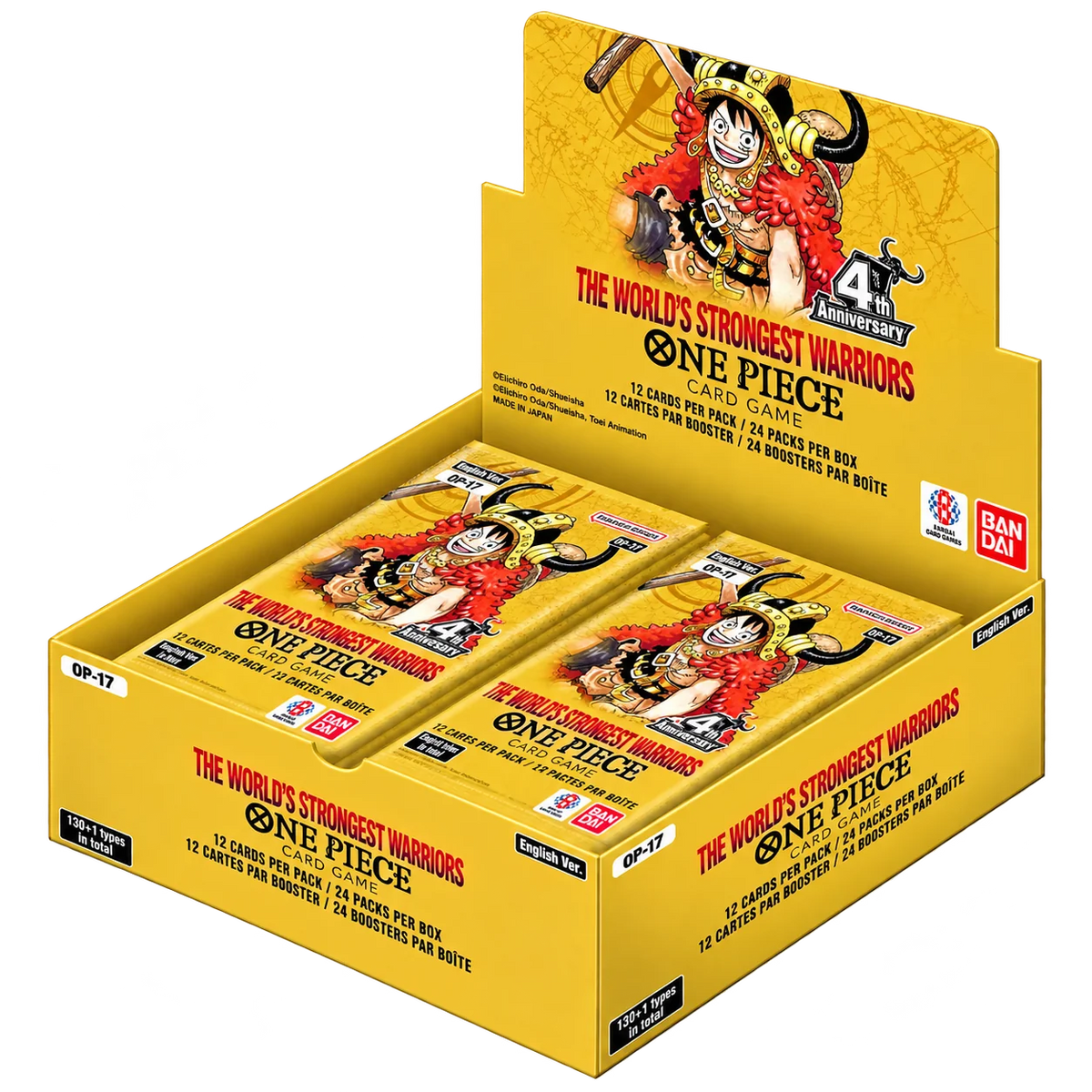 Caja de 24 sobres de One Piece Card Game OP-17 The World’s Strongest Warriors, versión en inglés, abierta mostrando los sobres